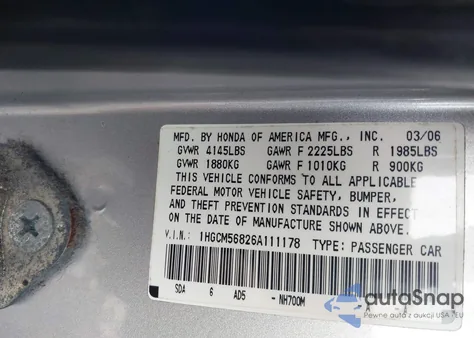 2006 Honda Accord 2.4 Ex from USA, damaged, VIN 1HGCM56826A111178